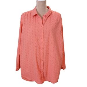 Womens Plus 4X Coral Eyelet Embroidered Button Down Shirt Long Sleeve